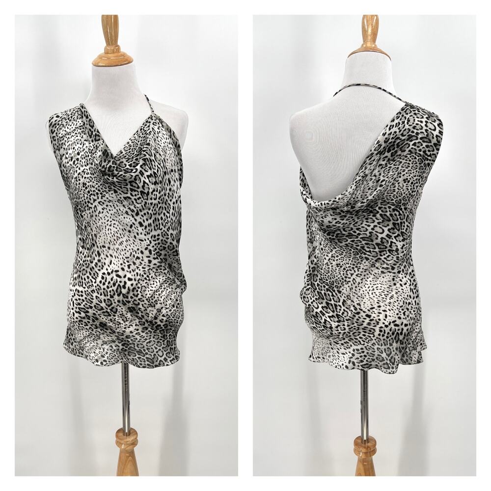 CUSHNIE Silk Halter Tunic Top Womens 2 Gray Leopard Print One Shoulder Cowl Neck